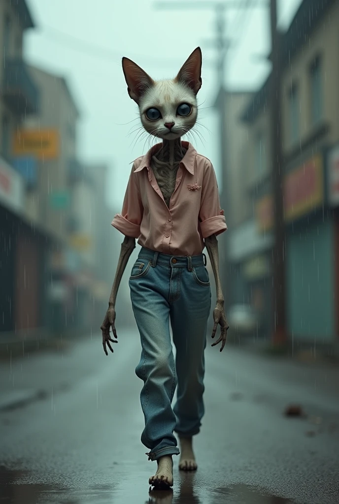 A bony cat dog crying, dressed in a pink blouse and blue jeans, walking alone in the rain