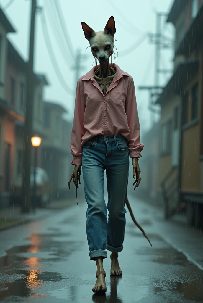 A bony cat dog crying, dressed in a pink blouse and blue jeans, walking alone in the rain