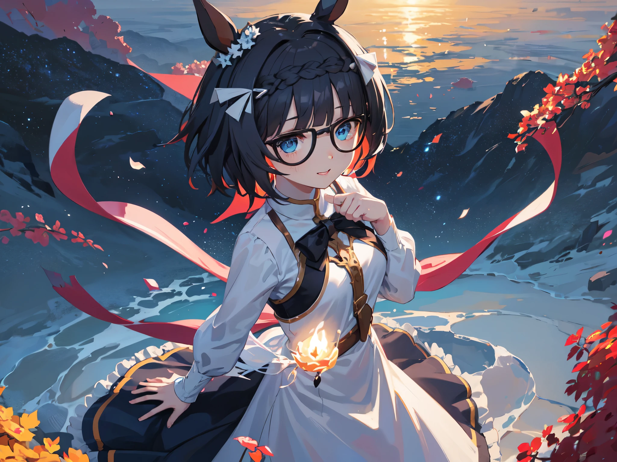 solo、Alone、１Alone。masterpiece, 超High resolution, Highest quality, High resolution, 8k、(noline:1.5)、(flat2-DIM1:1.5)、Shooting from above、Upper Body Shot。Girl with horse ears、beautiful girl、Wear black glasses。Big Breasts、Pale pink lips、smile。White blouse、Blue Skirt、A large blue ribbon on the chest。The body is tilted diagonally to the side、Place your hand on your chest。Wind、Starry Sky、cliff