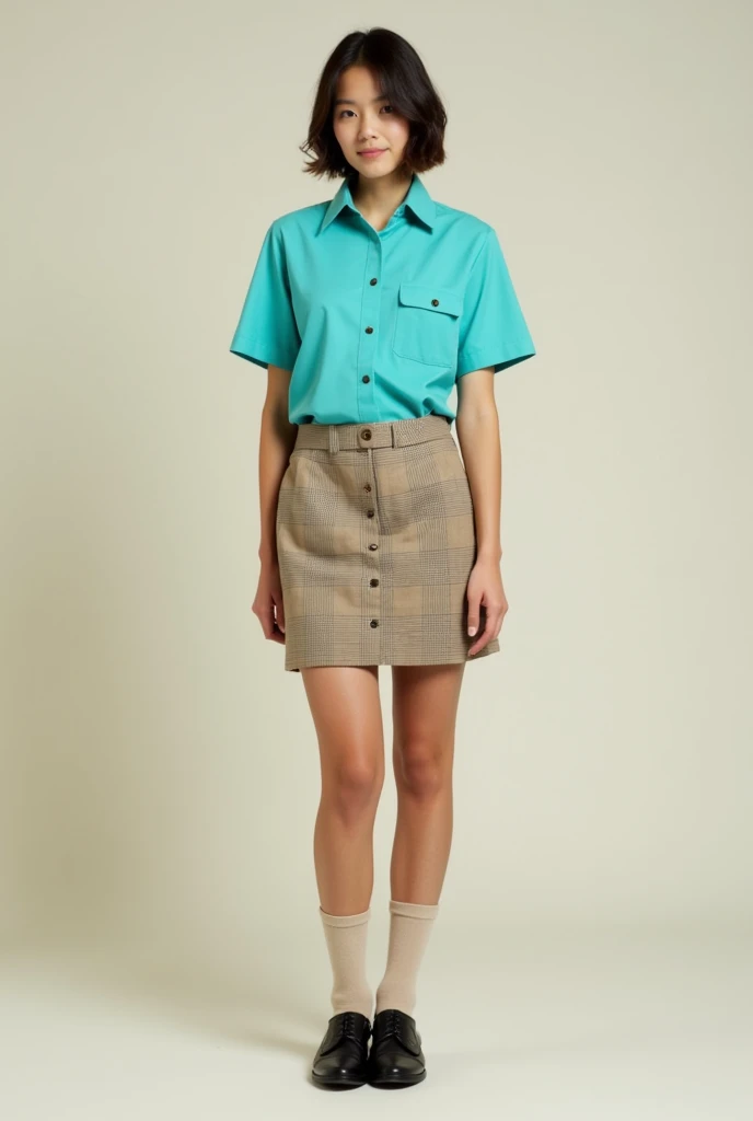 A uniform with a turquoise Columbia-style short-sleeved shirt and a short beige checkered skirt and black shoes and beige socks.