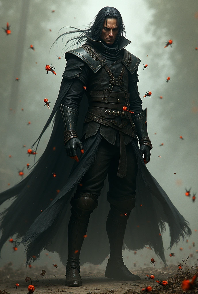 Crie um Guardião do Enxame do d&d. The character is a human male with a slender body, with a psychotic and frightening expression. He is surrounded by a swarm of small insects, reflecting your connection to nature. Your skin is light brown, and he has long black hair, that cover part of your face, giving it a mysterious air. He wears black clothes, complemented by a long overcoat, all in a fantasy medieval style, with bright colors that contrast with its dark presence.