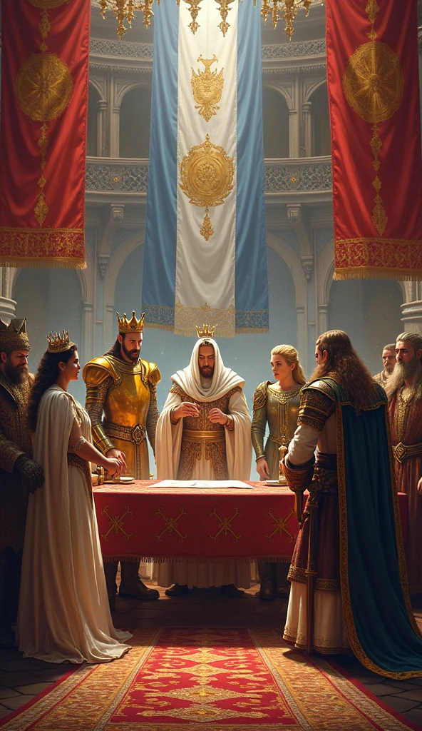 Illustrate a signing ceremony of a peace treaty between the kingdoms, kingdom with king arlock man with golden armor and crown, queen Ailith with her white cloak and her staff in her mage hand and the king of the dwarves a waist-high midget king of King ARLOCK with his bronze armor and his two-faced ax with leaders and representatives of the three kingdoms present. The setting should be a large hall or courtyard, with flags and symbols of each kingdom visible and architectural and clothing details consistent with medieval times.