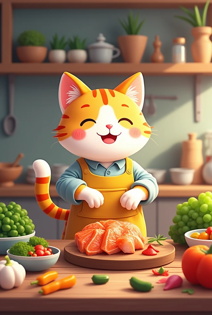 The main character is a cute cat wearing an apron and cooking in the kitchen.。Colorful vegetables and fresh fish are cut into pieces.、The cat is handling the ingredients with a smile on its face while cooking.。Cooking utensils and spices are displayed in the background.。