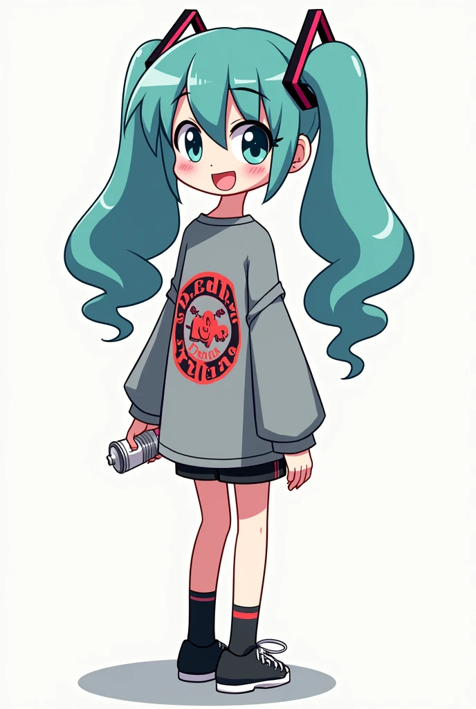 hatsune miku cartoon style, dressed in a loose top with a rapper style " Ed Edd y Eddie". with his back turned holding a spray can