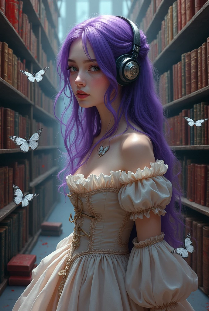 Korean purple haired butterfly woman with headphone wearing 1800s dress and in blood stained bookstore with books with butterfly wings and blood on wings and butterflies around with blood
