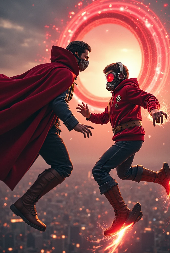Young Star-lord with red hoodie, headphones, star-lord helmet, gas helmet, covered mouth, round red eyes, Red eyes, magic rings in the hands and rocket boots, Vs. Doctor strange , Fighting, power, fiction, full body, 2 person, magic lasso, hight, fall, fire in boots, poweful spells, fighting, realistic, helmet, mask, red cape, confrontation, punch, gun, flying in the sky, red magic portal, view of the city from above, detailed mask
