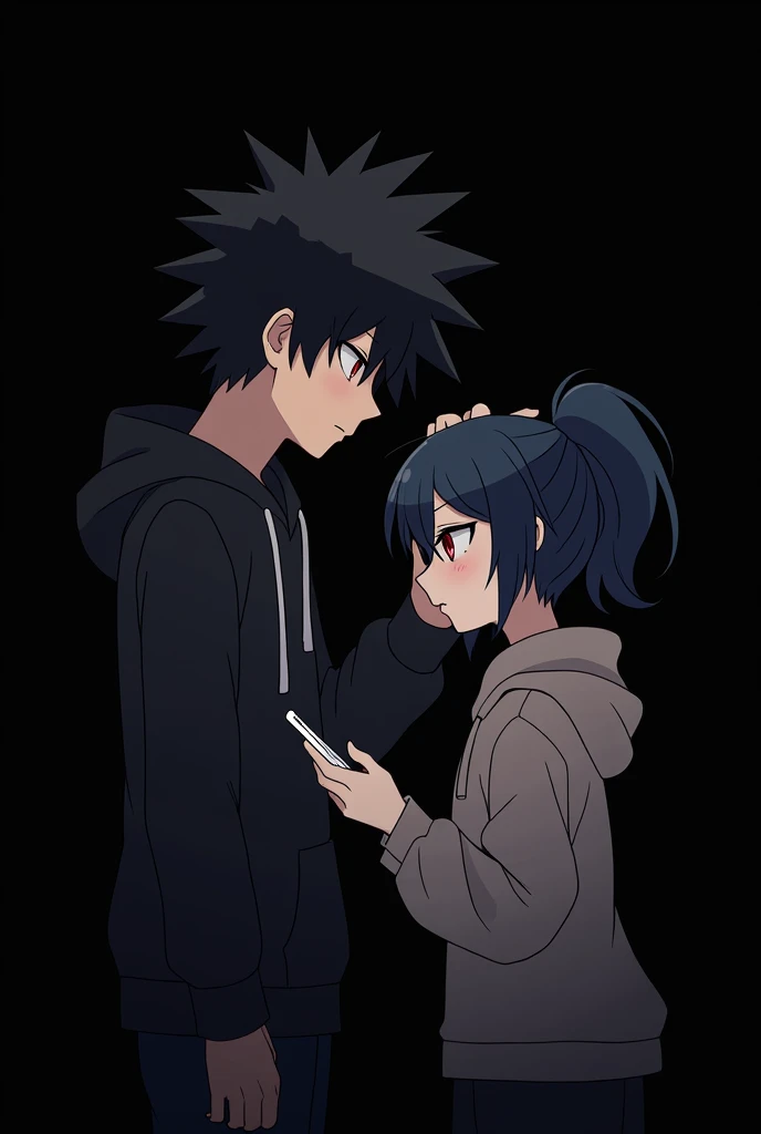 Anime boy ((( Spiky hair , black hair , black hoodie , red eyes , narrowed eye , pats the girl's head))) , Anime girl ((( dark blue hair , modern day mullet hair style , black hoodie , red eyes , almond eye , using phone ))) blank black background , side view