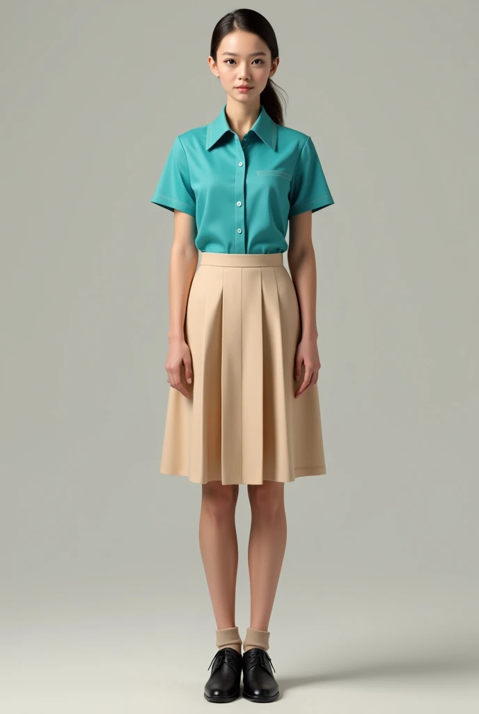 A uniform with a turquoise Columbia-style short-sleeved shirt and a short beige pleated skirt and black shoes and beige socks.