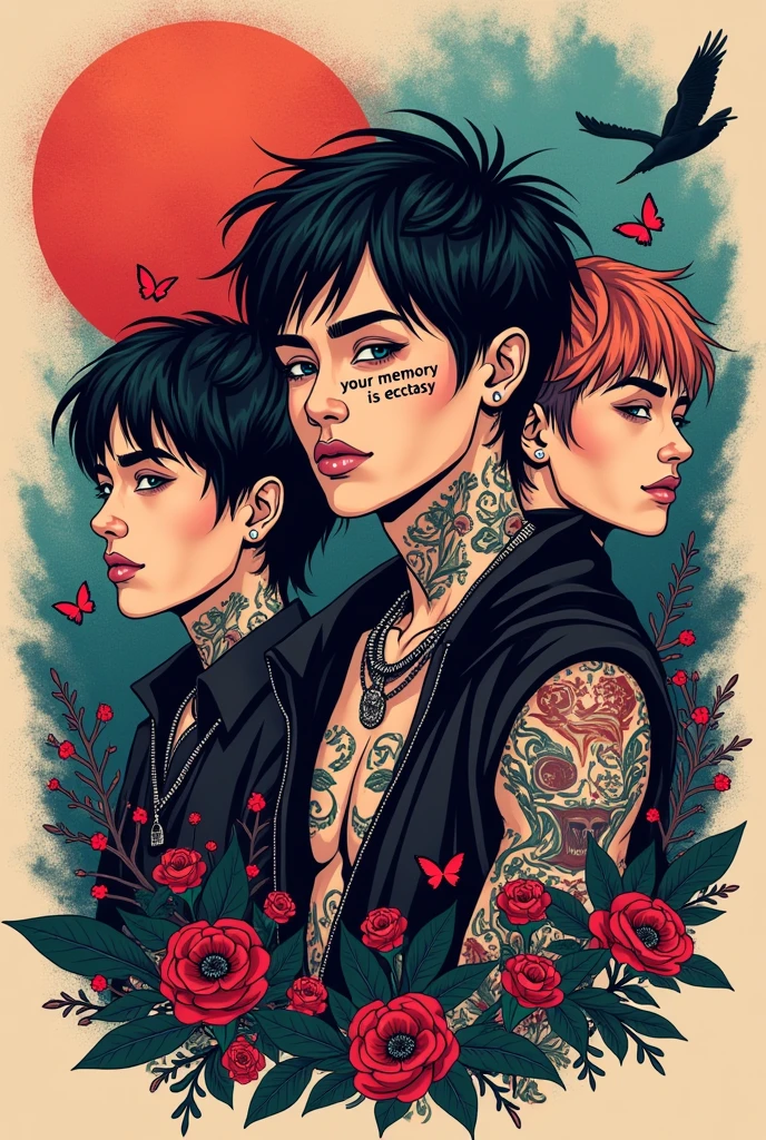 make me a tattoo sleeve for women, that it is not all one, but several guys in trap style and one says your memory is ecstasy and then others more in lil peep style
