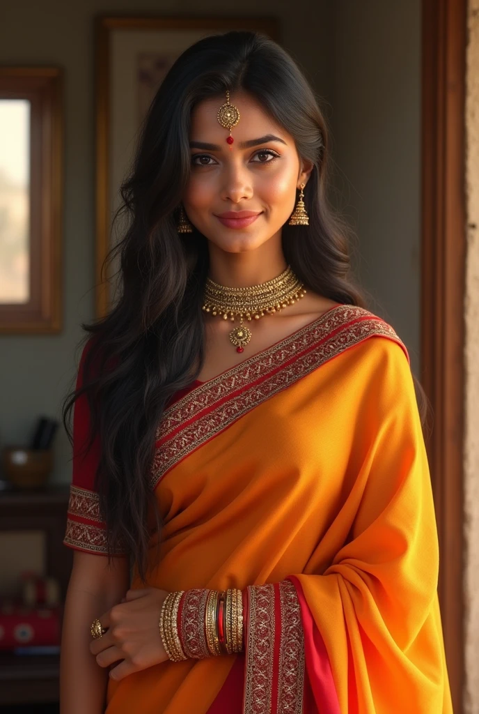 21 year girl wearing saree looking gorgeous with applying sindoor on her forehead and mangalsutra on her neck, wearing bangles like Odia housewife got married.