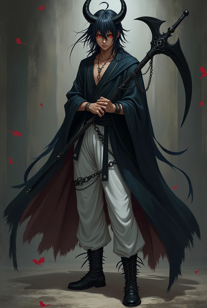 anime boy (dark fantasy) with black dreads, red eyes, brown skin, black horns and a black cloak and white martial arts pants and black spiked leather boots with black chains around him as he holds a black scythe (full body)