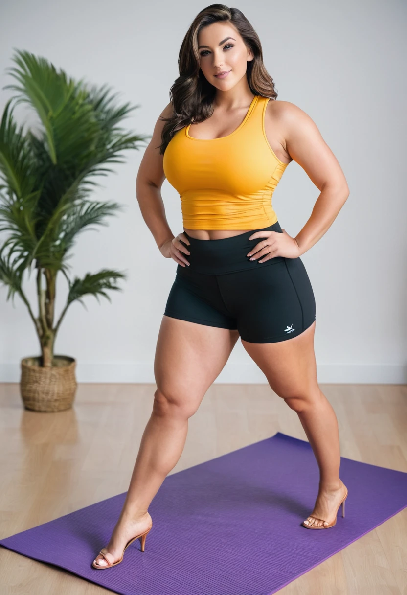 Full body shot of a beautiful brunette female with a curvy body and large breasts, wearing a tight tank top and short volleyball shorts, wearing high heel shoes, on a yoga mat