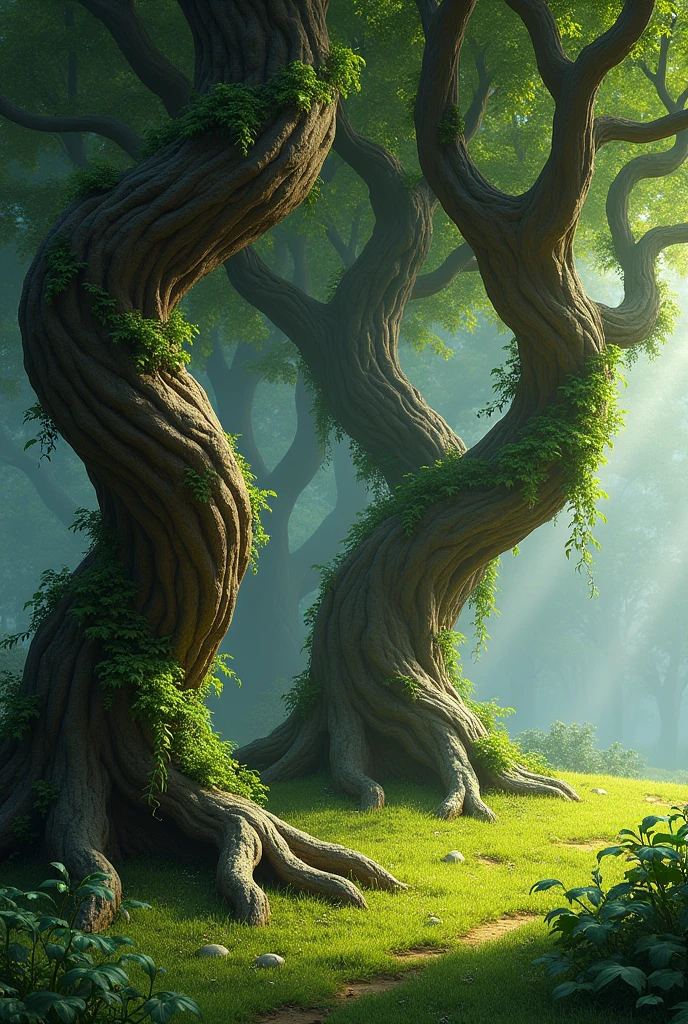 tree trunks with climbing vines twisted plant and green leaves in the grass area