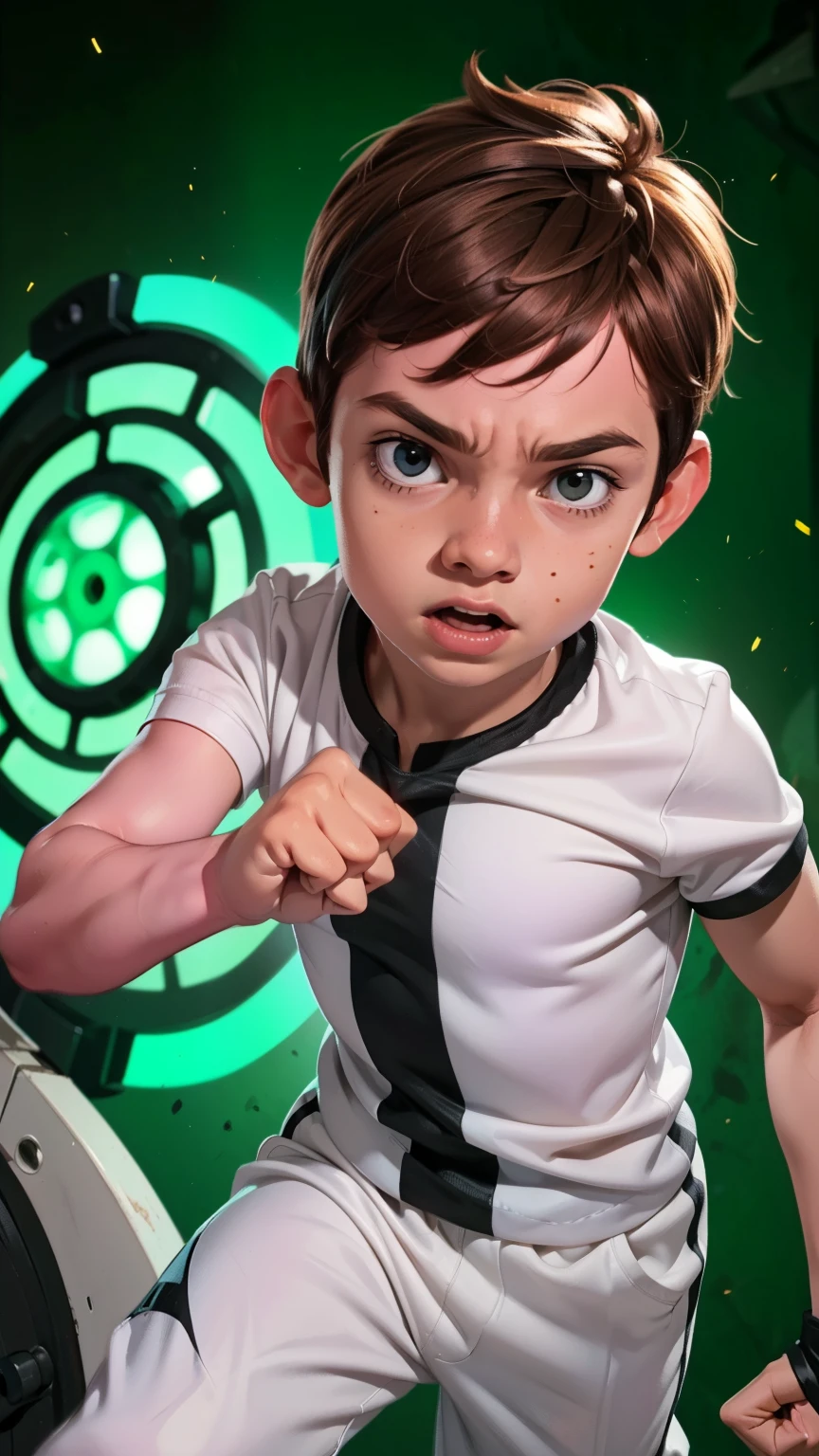 Movie poster, Ben 10 ((A child, 6 years))), ((wearing a white outfit with black stripe in the center, showing fist. Machine on arm. Action facial expression )) . highy detailed, face detailed, realisitic, cinematic lighting, studio quality, proffesional, face detailed, intrikate, bright coloured. ((abstract background)).