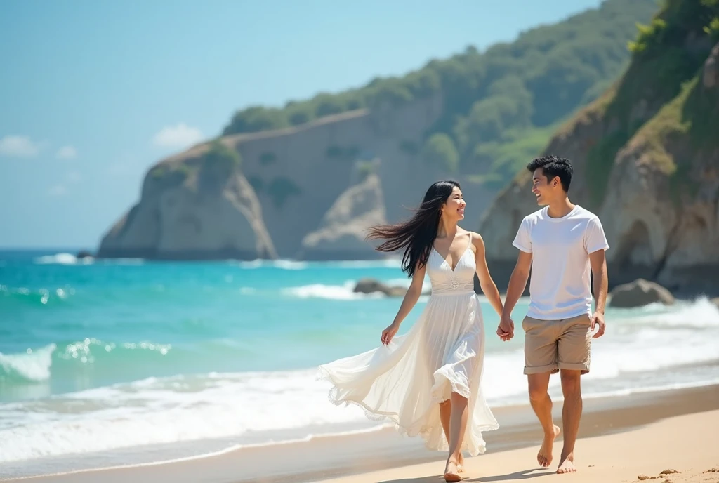 High Resolution, Masterpiece, Accurate, Best Quality, Detail, High Quality, realistic photo. A young 20 years old asian women, long dark hair, white skin, wearing a white long dress, height: 155 cm, weight: 45 kg. A 2 man, short hair, white skin, wearing a white t-shirt, height: 160 cm, weight: 55 kg. They are walking hand in hand on a sandy Bali beach. The man is wearing a white shirt and khaki shorts, while the woman has long dark hair. They are both smiling and appear to be enjoying each other's company. In the background, there is a beautiful view of the ocean and a rocky cliff. The sky is blue and the overall mood of the image is peaceful and romantic.