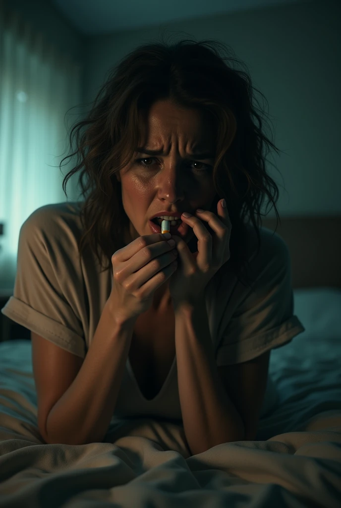 a distressed woman taking a capsule in her room , ultrarealistic image