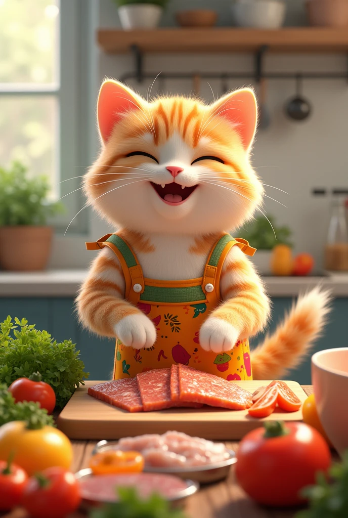 The main character, a cat, is cooking in the kitchen wearing an apron.。Colorful vegetables and fresh fish are cut into pieces.、The cat is handling the ingredients with a smile on its face while cooking.。Cooking utensils and spices are displayed in the background.。