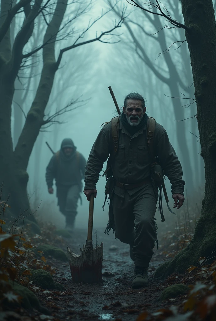 make a haunted forest, extremly scary,dark and somber tones, there is a group of explorers being chased by a lumberjack, he is trying to kill them extremely detailed, photoshot_\( ultra\), photoshotrealisitic, realisitic, Post-processing, Maximum details, roughness, real-life, ultrarealisitic, photoshotrealism, photoshotgraphy, 8k hd, photoshotgraphy