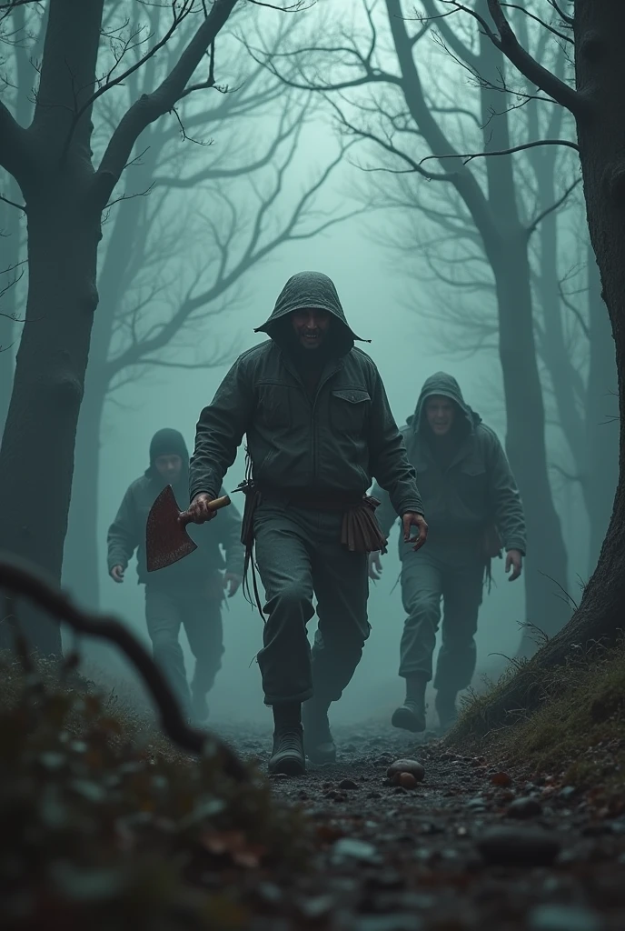 make a haunted forest, extremly scary,dark and somber tones, there is a group of explorers being chased by a lumberjack, he is trying to kill them extremely detailed, photoshot_\( ultra\), photoshotrealisitic, realisitic, Post-processing, Maximum details, roughness, real-life, ultrarealisitic, photoshotrealism, photoshotgraphy, 8k hd, photoshotgraphy