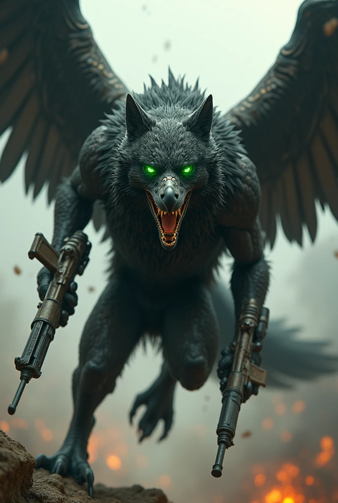 Creat egale with man foot teeth like wolf green eye body colour is black with defance tool and guns 