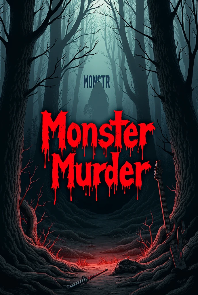 Logo for heavy metal band called Monster murder with a red font and appearing to be written in blood , in the middle of a very dense and dark forest the name is highlighted in the center of the image, broken instruments are found in the trees ( uma guitarra flying v , a les paul , a bass guitar , and drumsticks ) and deep in the forest only the shape of the " monstr"