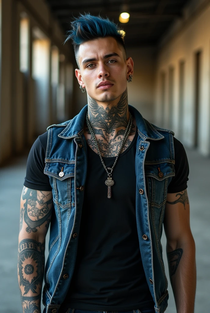 ((best quality)), ((masterpiece)), (detailed), portrait, Industrial hall in the background, 1 Frau, Male physique, muscular athletic, 25 - 30 years old, short black hair with blue highlights sidecut, many piercings, Punky, Tattoo am Hals, loose black band t-shirt, Jeansweste,