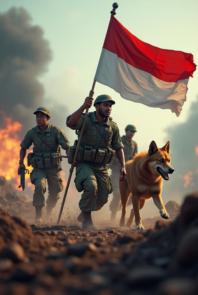 3D image of soldiers at war with an Indonesian concept, adding Indonesian elements and using a very fierce pet dog, plus a brave Indonesian flag.