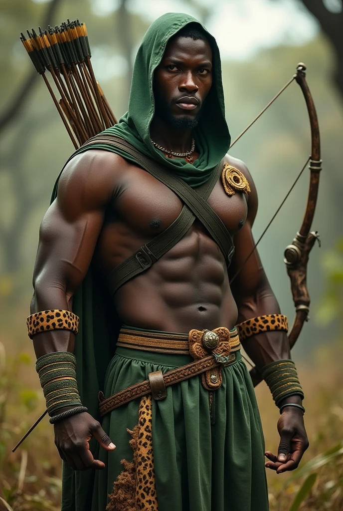 "A realistic image of an athletic African man embodying the spirit of an African hunter. He has a strong and striking masculine beauty, with a muscular and fit physique that exudes strength and agility. He is dressed in hunter’s clothing in shades of green, with a hood that partially covers his head, adding an air of mystery. His outfit is accented with leopard skin details, enhancing the traditional and fierce aesthetic of a hunter. He holds a bow in one hand and a set of arrows slung across his back, ready for action. The scene captures his focused gaze and poised stance, surrounded by a natural setting that complements his attire, conveying the essence of a skilled and fearless African hunter.