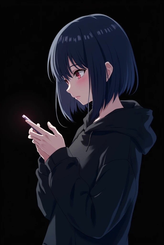 Anime girl , dark blue hair , modern day mullet hair style , black hoodie , red eyes , almond eye , using phone , blank black background , side view
