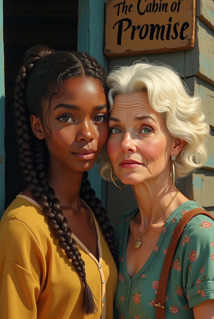 a black woman, of brown braids, eyes browns, next to an old lady with blond hair and green eyes, the black woman has a look of surprise, They are behind a cabin called the cabin of promise