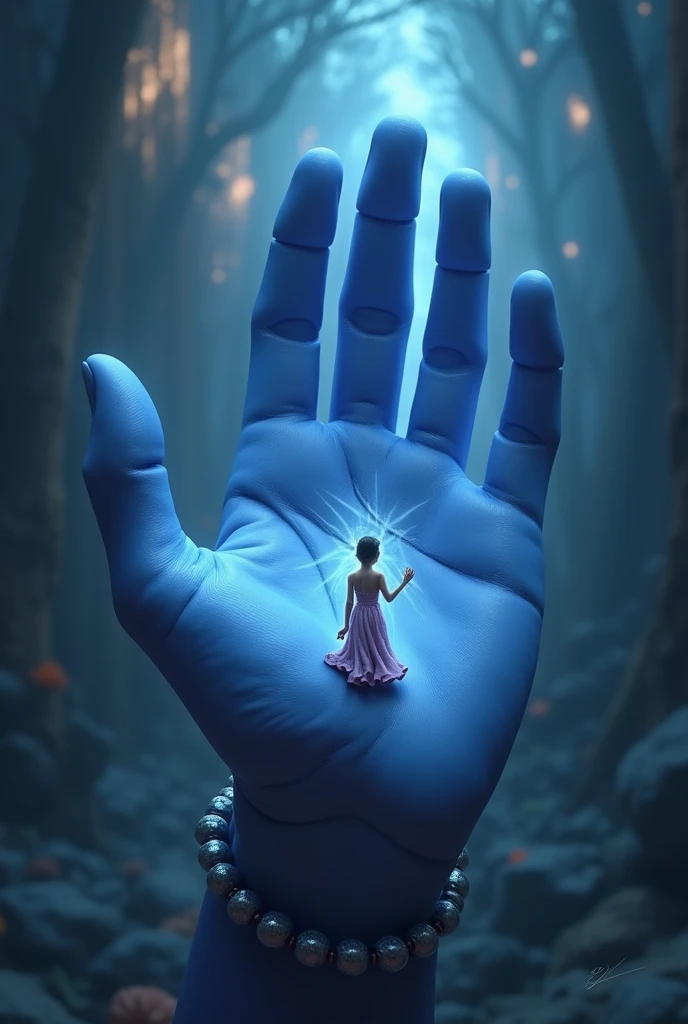 Photo of one hand of Shiva's blue hand having rudraksha maala around it holding a small ???'s one hand with dark blur background