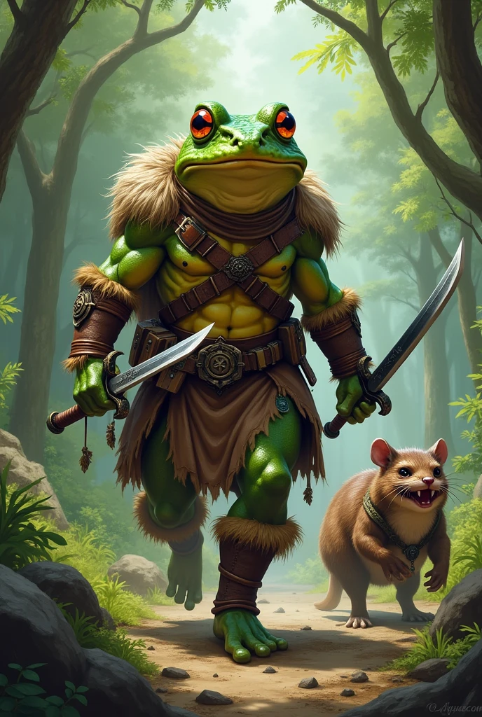 Anthropomorphic frog ranger dual welding swords with a giant shrew as a pet