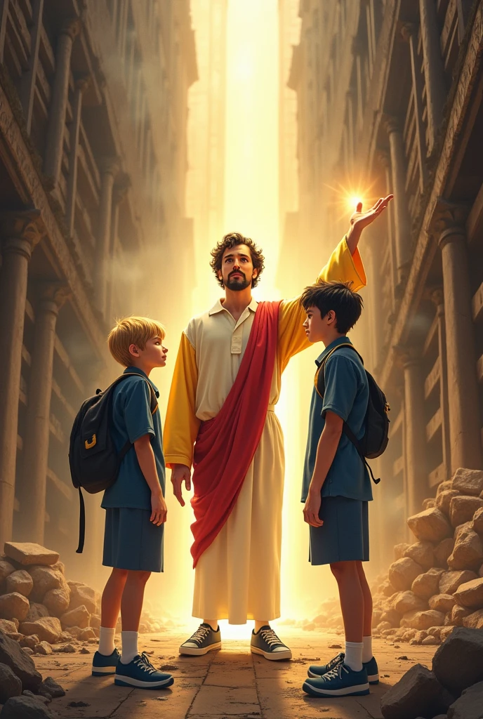 On price, young Professor Petterson and his two students are standing amidst the destroyed Italian library, with the chaos around contrasting with the serenity of the moment. The teacher, with her short curly hair, black goatee and classic outfit—yellow polo shirt, white pants and blue sneakers—is standing next to his students, who also wear their blue school uniforms with yellow details.
In the center of the scene, uma figura luminosa de JesusChrist se destaca. He is dressed in his traditional white and red robes, with an aura of light that surrounds him, illuminating the environment around you. JesusChrist, with an expression of peace and compassion, extends one hand in a gesture of blessing over Petterson and his students.
Divine light seems to touch each of them, enveloping them in a sense of protection and calm. The students, one with blonde hair and green eyes, and the other with spiky black hair, are visibly touched by the blessing, with expressions of reverence and relief.
The atmosphere around is one of tranquility contrasting with the destruction, creating a powerful scene of spirituality and divine protection amidst the chaos. JesusChrist, with your serene presence, offers a sense of hope and strength, strengthening the trio to face the challenges ahead.