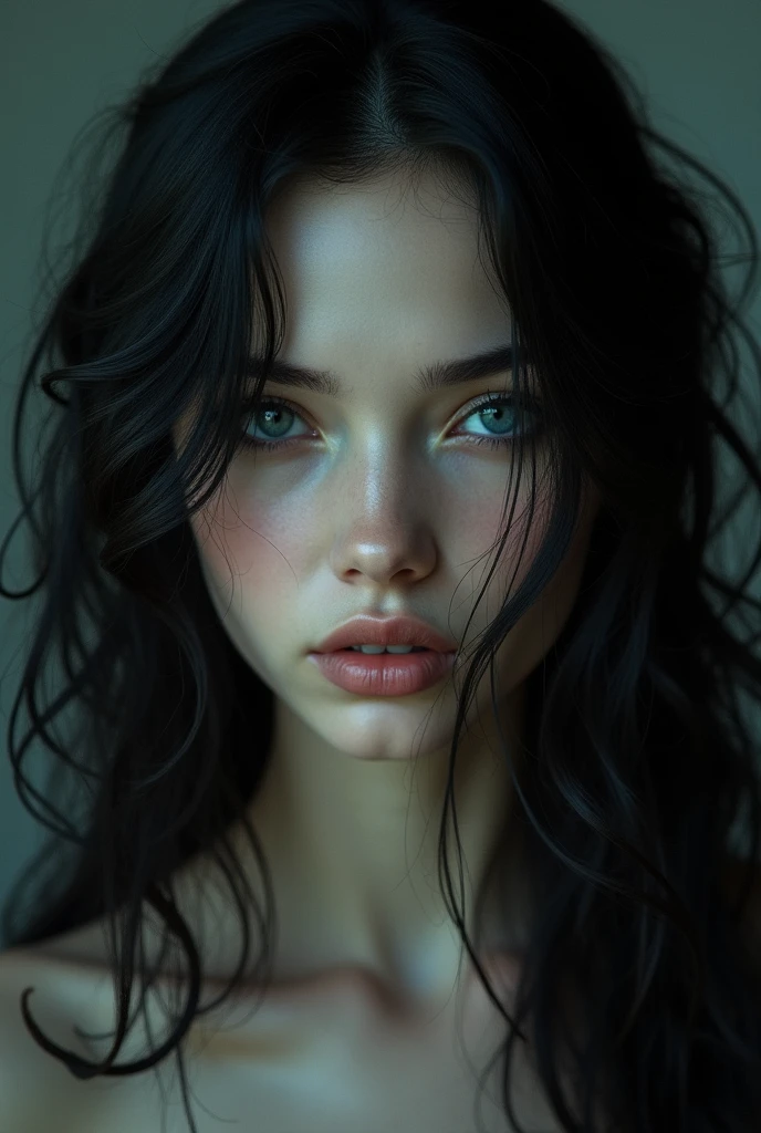 Caucasian female, with curly and loose black hair, striking black eyes, and with frightening beauty.