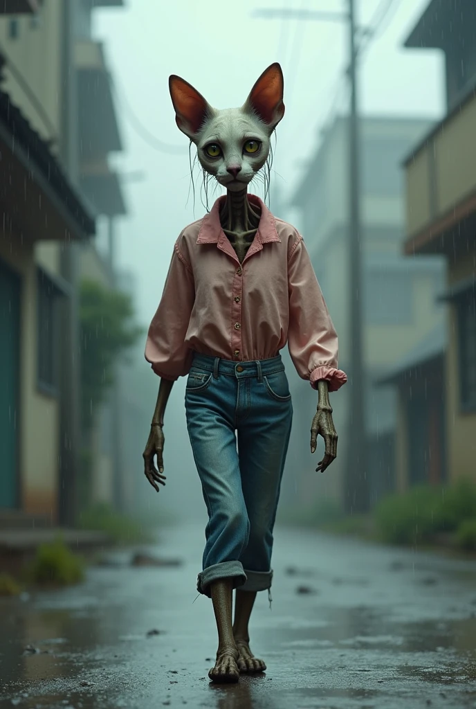 A bony cat dog crying, dressed in a pink blouse and blue jeans, walking alone in the rain