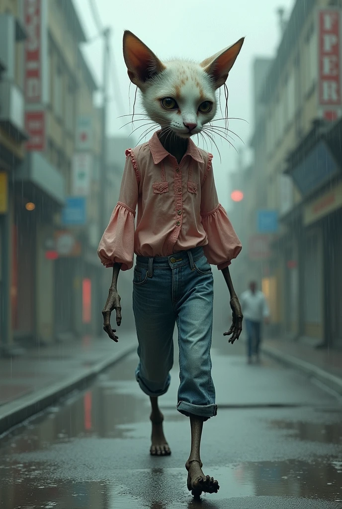 A bony cat dog crying, dressed in a pink blouse and blue jeans, walking alone in the rain