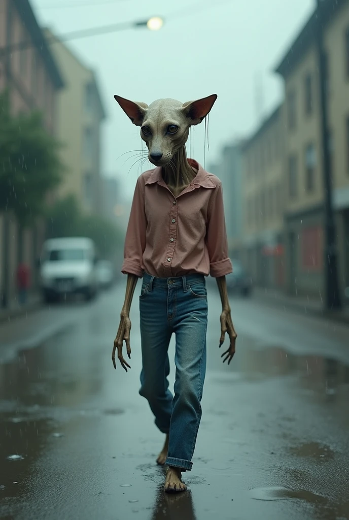 A bony cat dog crying, dressed in a pink blouse and blue jeans, walking alone in the rain