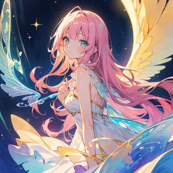 masterpiece, best quality, sharp focus, 8k, intricately detailed environment, anime, watercolor illustration, colorful, bright colors, whimsical, glowing lights, liquid otherworldly, fairy lights, beautiful girl in flowing liquid glowing dress, perfect face, golden ratio, sparkling eyes, watercolor, liquid light, angel wings