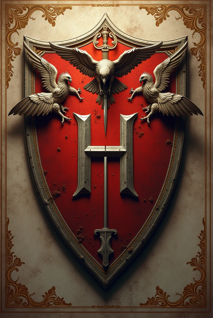 Create a shield for a school called Las Rosas, emphasize the letter H, add a falcon, also put swords on the sides of the shield and have some griffins attacking the falcon.