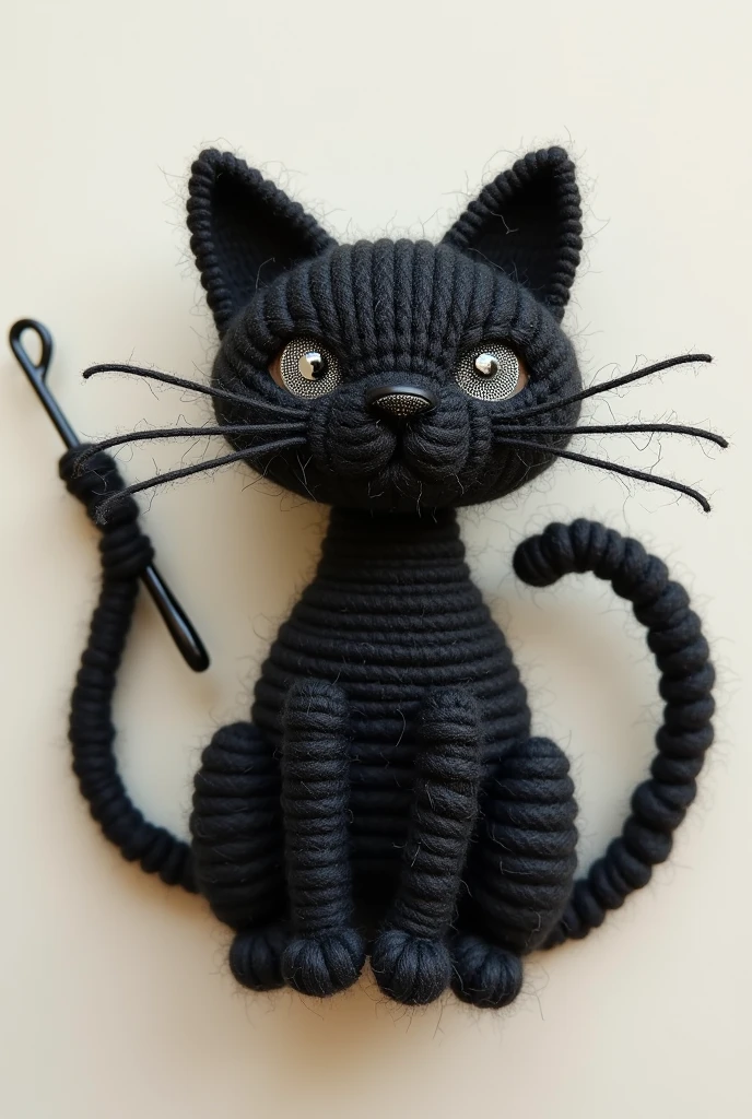 Black cat logo made of cotton thread, holding a crochet hook with the tail