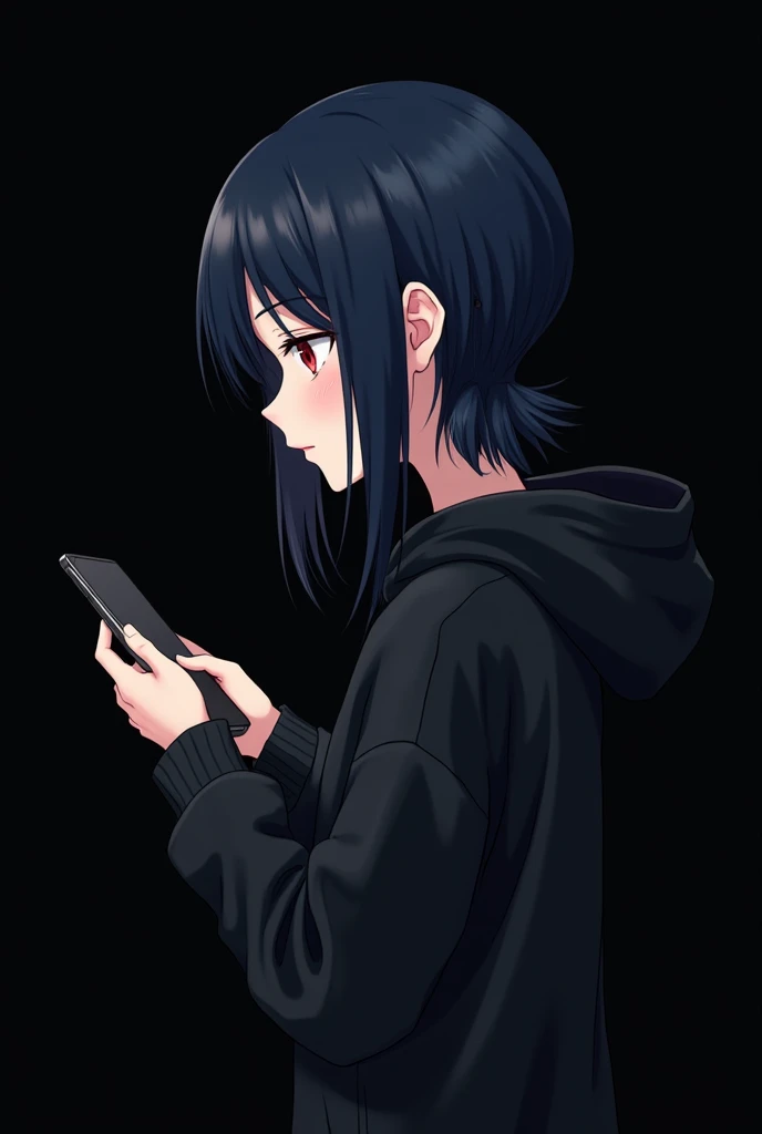Anime girl , dark blue hair , modern day mullet hair style , black hoodie , red eyes , almond eye , using phone , blank black background , side view