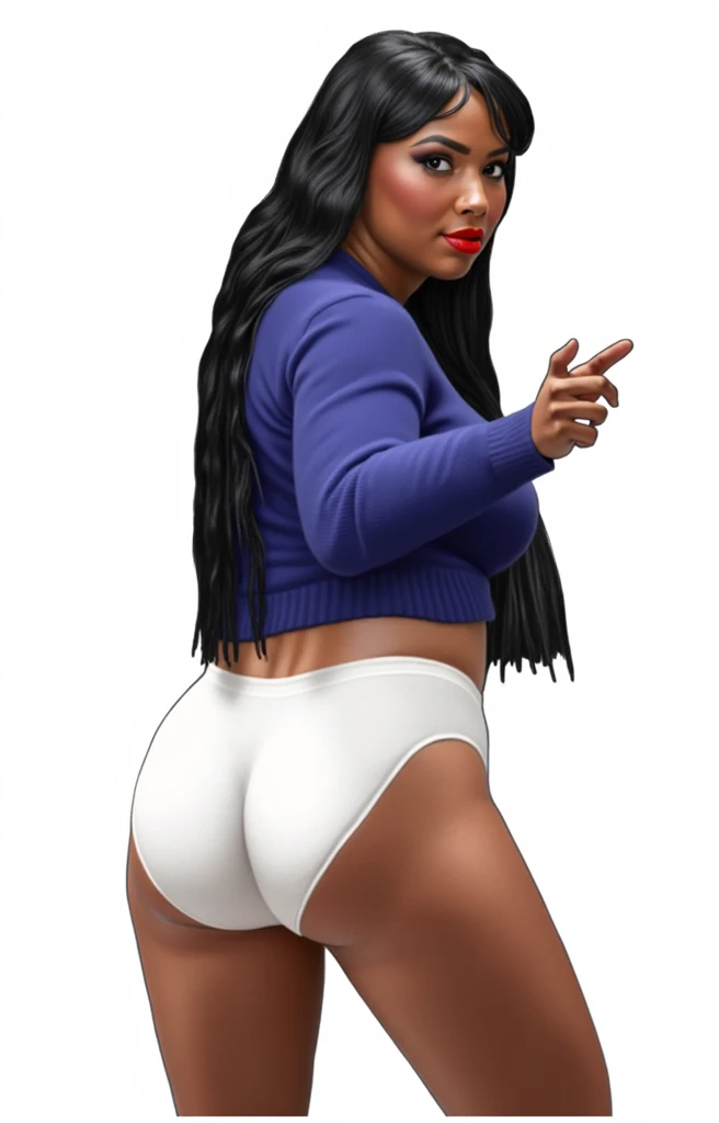 (masterpiece, best quality)), ((((perfect anatomy)))), Heavyset black woman with long black hair, dark eyeshadow, dark red lipstick, blue sweater, (((big white cotton panties))), big booty, smiling, (((photo realistic)))