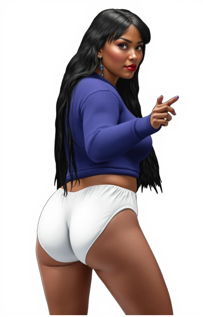 (masterpiece, best quality)), ((((perfect anatomy)))), Heavyset black woman with long black hair, dark eyeshadow, dark red lipstick, blue sweater, (((big white cotton panties))), big booty, smiling, (((photo realistic)))