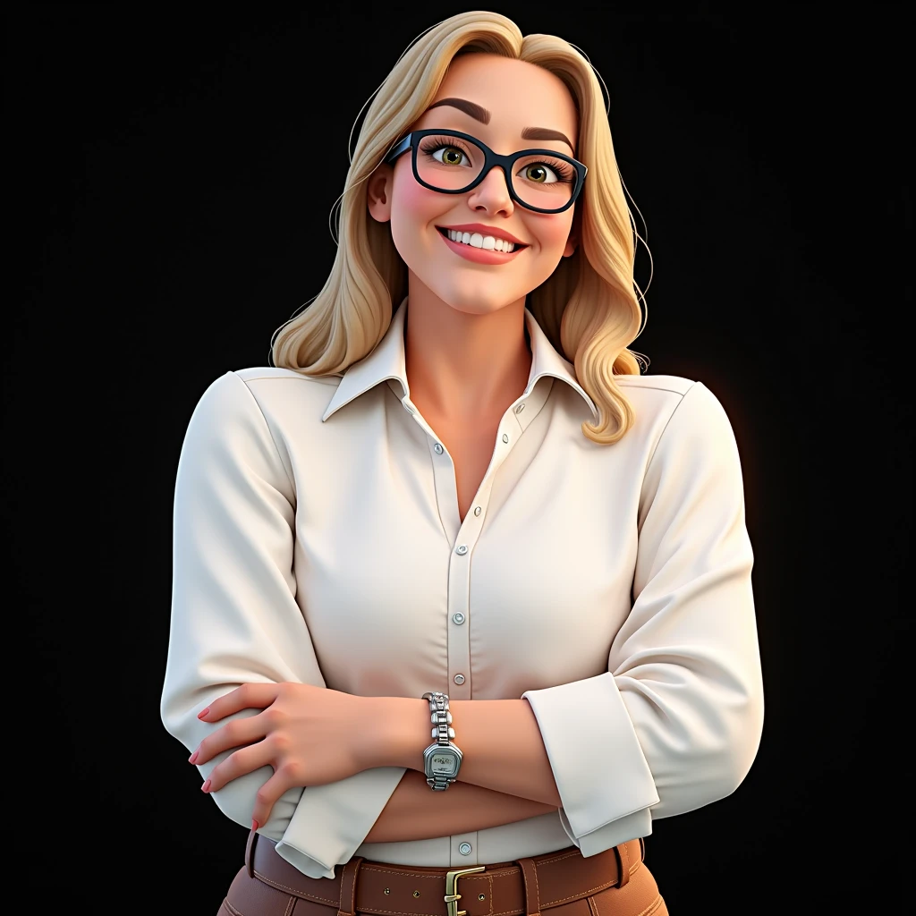 Imagem estilo avatar de desenho animado 3D personagem offwhite óculos mulher loira, offwhite, approximately 50 years, Medium loose hair, plano americano, political candidate, cute, sorrident , close up, pixar, Disney, Cinema lighting,