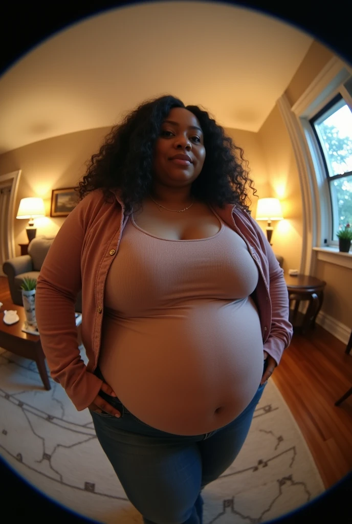 Pov fisheye camera view close up of your mother is a plus size fat Cardi B with a big belly when she is 9 months pregnant being a very greedy person and taking all your snacks in the living room of the house . Hd 14K, Photorealistic, iphone camera style, highly shapering, high detailed, masterpiece, mid length shot, fujifilm