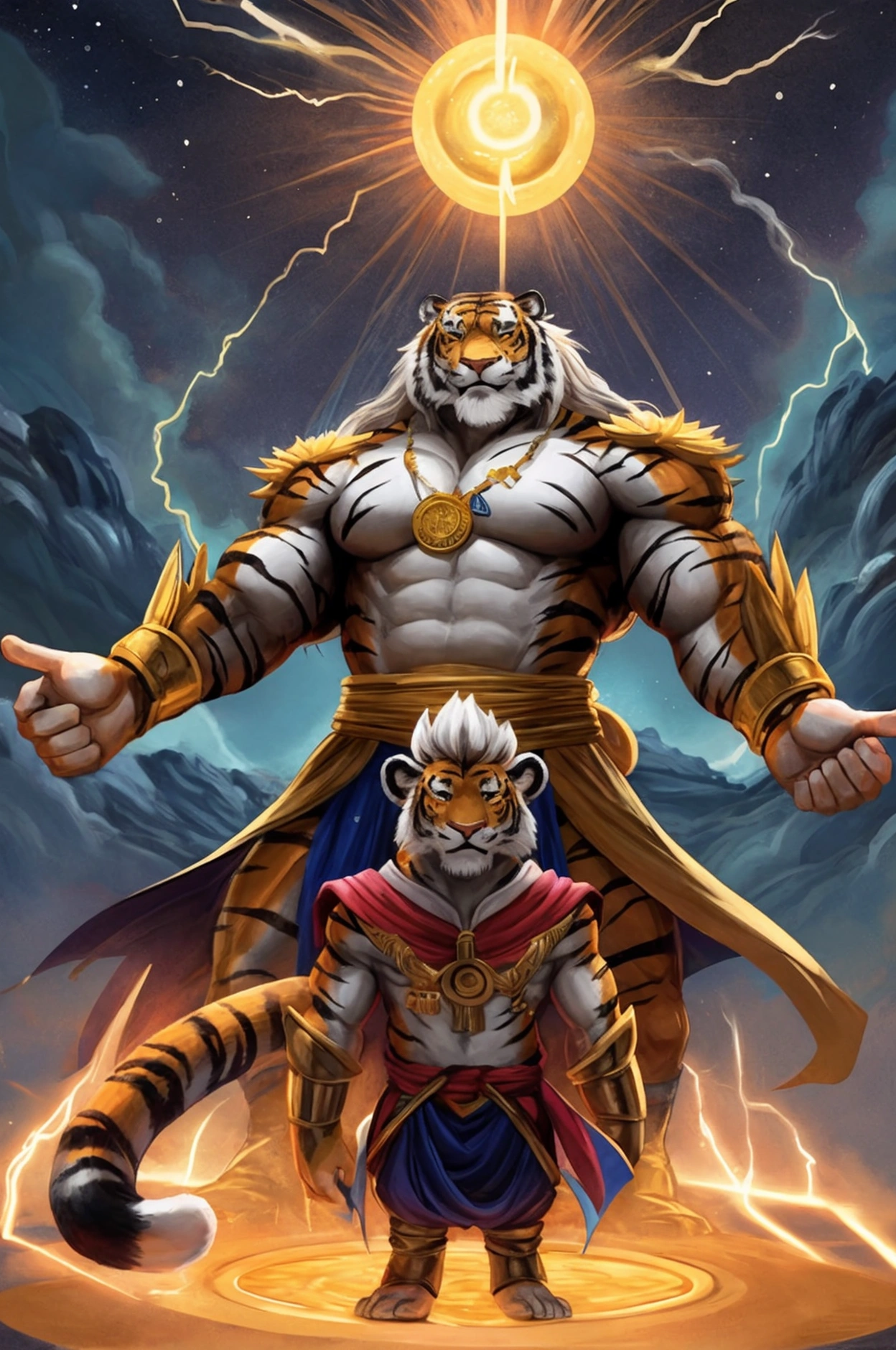 Create a dynamic fusion scene inspired by the classic fusion pose from popular anime Dragon ball z. The scene should feature two distinct characters: Character 1 (Fortune Tiger): An anthropomorphic tiger with a strong and muscular build, wearing a traditional Chinese golden outfit with red accents. The tiger is in a fusion stance, pointing one finger toward the other character. Character 2 (Gate of Olympus - Thunder God): A Zeus-like figure with flowing white hair and a long beard, dressed in a white Greek toga with golden details. This character mirrors the tiger’s pose, with one finger pointed toward the tiger. Effects: From the point where their fingers meet, lightning bolts and sparks should burst forth, symbolizing their fusion. In the center of the image, between the two characters, a large golden coin is being conjured, glowing brightly. Background: The background should be an epic, celestial setting with dramatic clouds, lightning, and a golden aurora to create a mystical atmosphere. The overall scene should convey a sense of power and unity