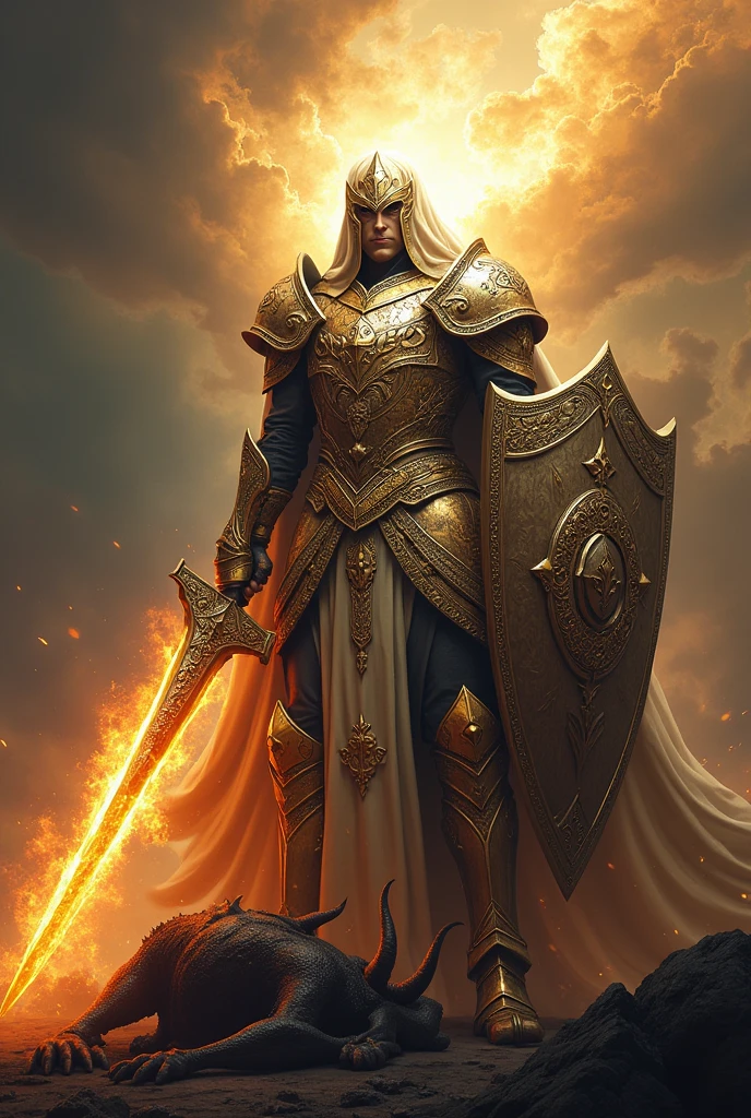 A heavenly warrior, wears detailed, gleaming armor, with gold and silver ornaments, In your right hand, he holds a raised flaming sword, pronta para o combate, while the left hand carries a shield decorated with the inscription "Who is like God??" (who is like GOD?). In the background a stormy and dramatic sky, On your feet, a defeated demon is shown fallen and subdued, symbolizing Saint Michael's victory over the forces of darkness. The image is rich in details, with celestial lighting that highlights her figure and creates a powerful contrast with the dark surroundings.