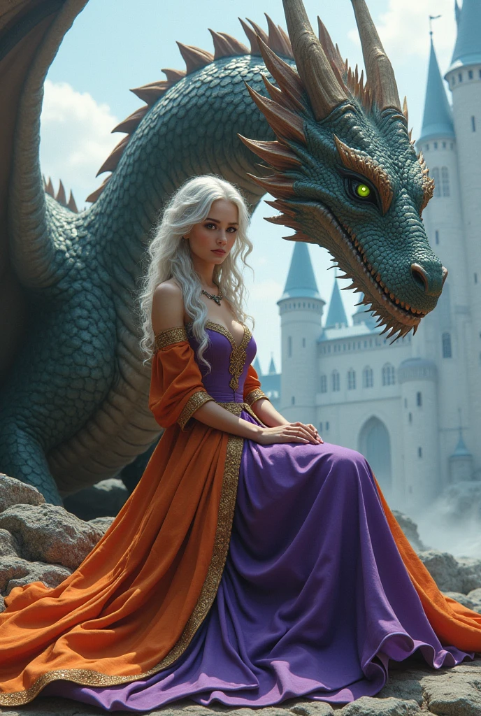 Woman in purple and orange medieval dress. Woman with silver-white wavy and curly hair and dark violet eyes, woman sitting next to her light blue dragon, huge and fierce dragon, Dragon with green eyes. Zoom in on the woman.
Gigantic and majestic castle in the background. Castle with white stones. blue Dragon. Dragon with light blue scales