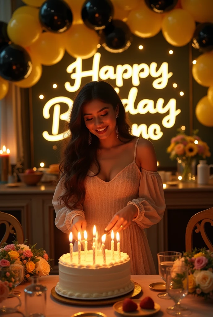 Create background image on the hotel one table up cake with candles age 21 one female in birthday dress cut the cake write happy birthday bano in background with lights and a lot balloons black and yellow