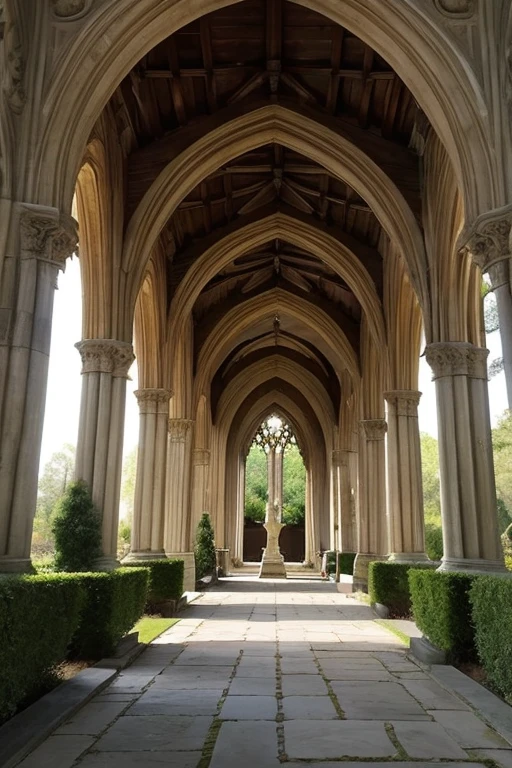 Gothic architecture、The exterior is a wooden building、There is a little yellow、antique、There is a large garden, a fountain and a path leading to it.、There is a building at the end of the path、Victorian atmosphere、The arch is open and the path leads to the entrance、Made of wood、The garden features a fountain, flowers, arches and plaster statues.、もっとThe entireお願い、Gothic castle feel!Solemn atmosphere、The entire、Overall, enough to include the garden、I want a composition where you look down on the building at an angle.
